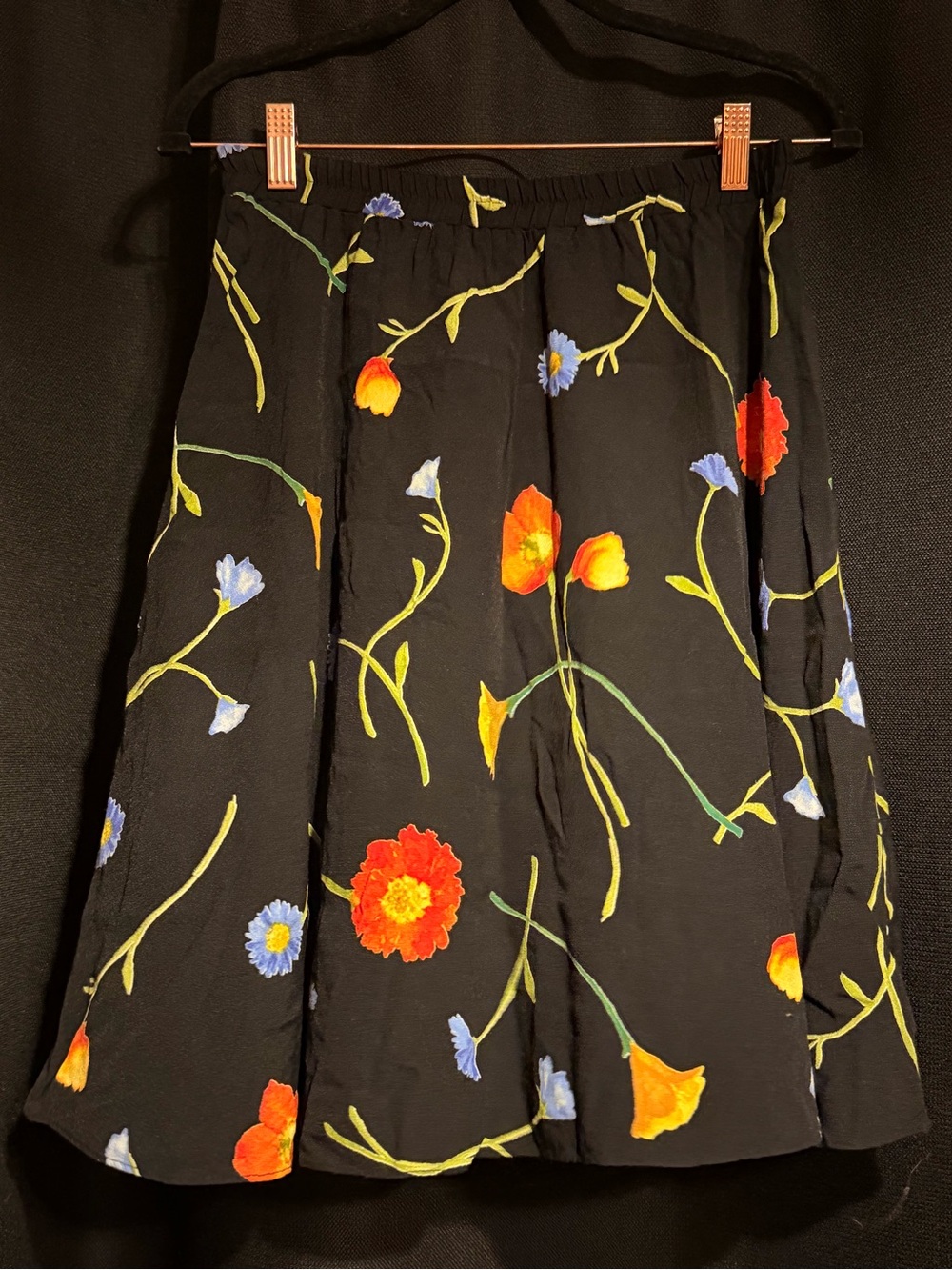 Vintage 90s Karin Stevens Black Multicolor Floral A-Line Skirt Size 10